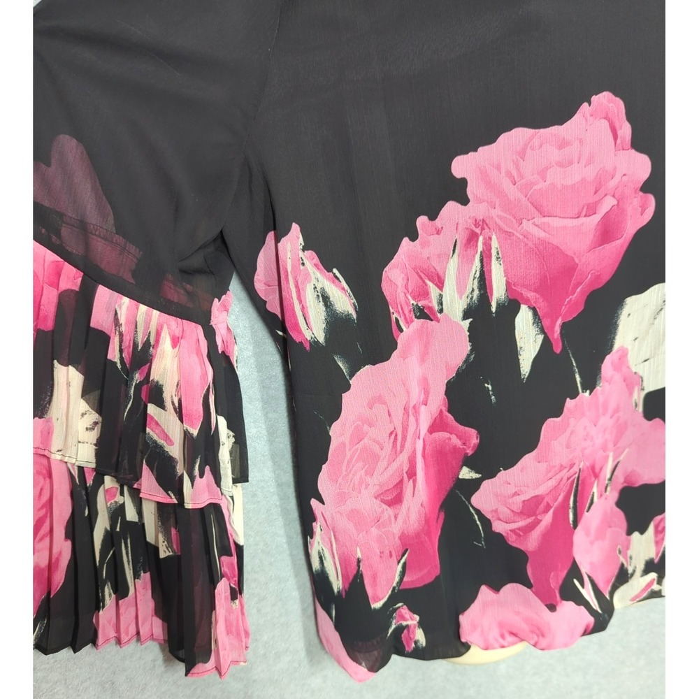 ALFANI Floral Blouse XL Roses are RED & PINK Bell Pleated Sleeves Head Turning - Picture 6 of 9